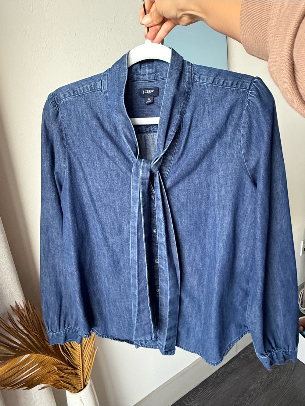 J. Crew Denim Chambray Tie Neck Button Down Blouse Top Blue Medium